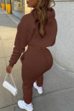 Brown Casual Solid Hollowed Out Hooded Collar Long Sleeve Three Piece Set