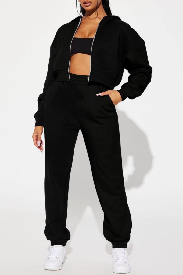 Black Casual Solid Basic Hooded Collar Long Sleeve Two Pieces
