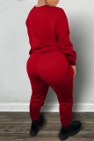 Red Casual Print Basic O Neck Long Sleeve Two Pieces