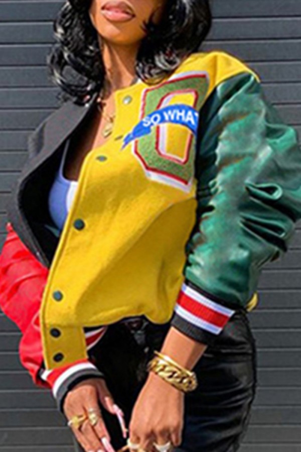 Yellow Casual Print Patchwork O Neck Outerwear