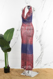 Brick Red Street Print Bandage Patchwork Halter Printed Dress Dresses