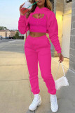 Pink Casual Solid Hollowed Out Hooded Collar Long Sleeve Three Piece Set