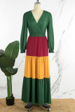Multicolor Casual Patchwork Contrast V Neck Long Dress Dresses