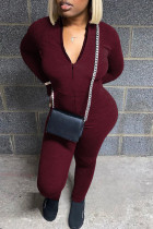 Deep Red Casual Sportswear Solid Patchwork Zipper Collar Skinny Jumpsuits