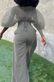 Grey Casual Solid See-through O Neck Two Pieces