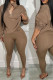 Dark Brown Casual Street Solid Patchwork Draw String Zipper O Neck Long Sleeve Two Pieces