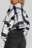 Black Casual Plaid Patchwork Pocket Buckle Turndown Collar Outerwear