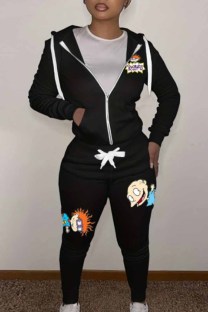 Black Casual Character Print Patchwork Hooded Collar Long Sleeve Two Pieces
