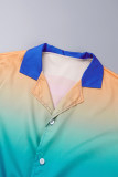 Green Casual Print Patchwork Shirt Collar Tops