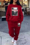 Red Casual Print Basic O Neck Long Sleeve Two Pieces