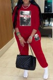 Red Casual Print Basic O Neck Long Sleeve Two Pieces
