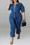 Baby Blue Casual Solid Patchwork With Belt Zipper Collar Plus Size Jumpsuits
