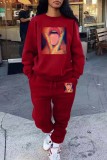 Red Casual Print Basic O Neck Long Sleeve Two Pieces