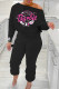 Black Street Print Patchwork Draw String Oblique Collar Long Sleeve Two Pieces