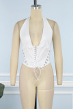 White Sexy Casual Solid Frenulum Backless Halter Tops