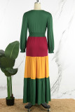 Multicolor Casual Patchwork Contrast V Neck Long Dress Dresses