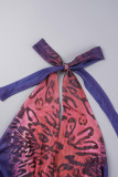 Brick Red Street Print Bandage Patchwork Halter Printed Dress Dresses