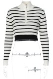 White Casual Striped Patchwork Zipper Collar Tops