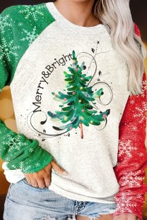 Green Red Casual Christmas Tree Printed Patchwork O Neck Tops