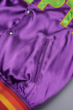 Purple Casual Letter Patchwork O Neck Outerwear