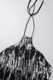 Black Sexy Solid Sequins Patchwork Hot Drill Halter Wrapped Skirt Dresses