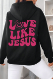 Black Street Print Draw String Hooded Collar Tops