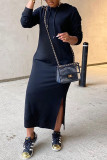 Blue Fashion Casual Solid Slit Hooded Collar Long Sleeve Dresses