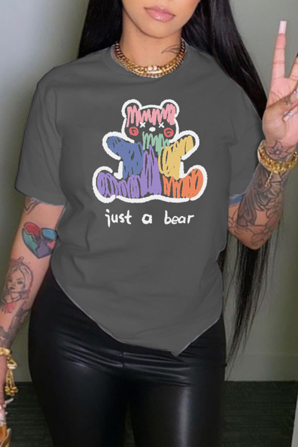 Dark Gray Street Cute Print Patchwork O Neck T-Shirts