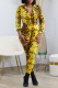 Yellow Casual Print Leopard Patchwork Turndown Collar Long Sleeve Two Pieces