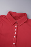 Red Casual Solid With Belt Turndown Collar Long Sleeve Dresses