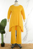 Yellow Casual Solid Asymmetrical O Neck Plus Size Two Pieces
