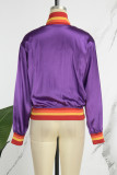 Purple Casual Letter Patchwork O Neck Outerwear