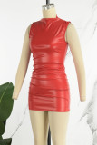Red Sexy Solid Basic Turtleneck Wrapped Skirt Dresses