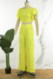 Yellow Casual Solid Patchwork O Neck Short Sleeve Two Pieces