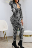 Grey Casual Print Leopard Patchwork Turndown Collar Long Sleeve Two Pieces