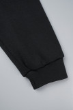 Black Casual Letter Print Basic Hooded Collar Tops
