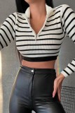 White Casual Striped Patchwork Zipper Collar Tops