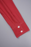 Red Casual Solid With Belt Turndown Collar Long Sleeve Dresses