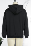 Black Street Daily Print Draw String Hooded Collar Tops