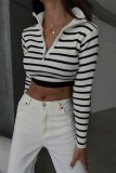 White Casual Striped Patchwork Zipper Collar Tops