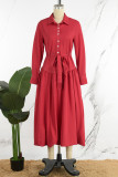 Red Casual Solid With Belt Turndown Collar Long Sleeve Dresses