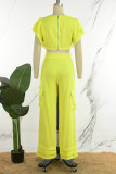 Yellow Casual Solid Patchwork O Neck Short Sleeve Two Pieces