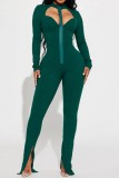 Green Sexy Casual Solid Hollowed Out Slit Zipper Collar Skinny Jumpsuits