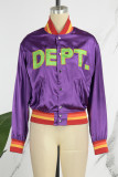 Purple Casual Letter Patchwork O Neck Outerwear