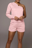 Pink Casual Solid Patchwork Frenulum One Shoulder Long Sleeve Two Pieces