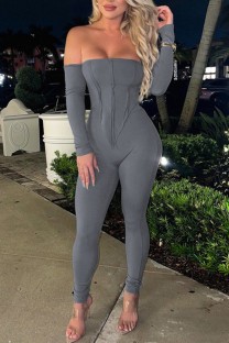 Grey Sexy Casual Solid Backless Off the Shoulder Long Sleeve Two Pieces