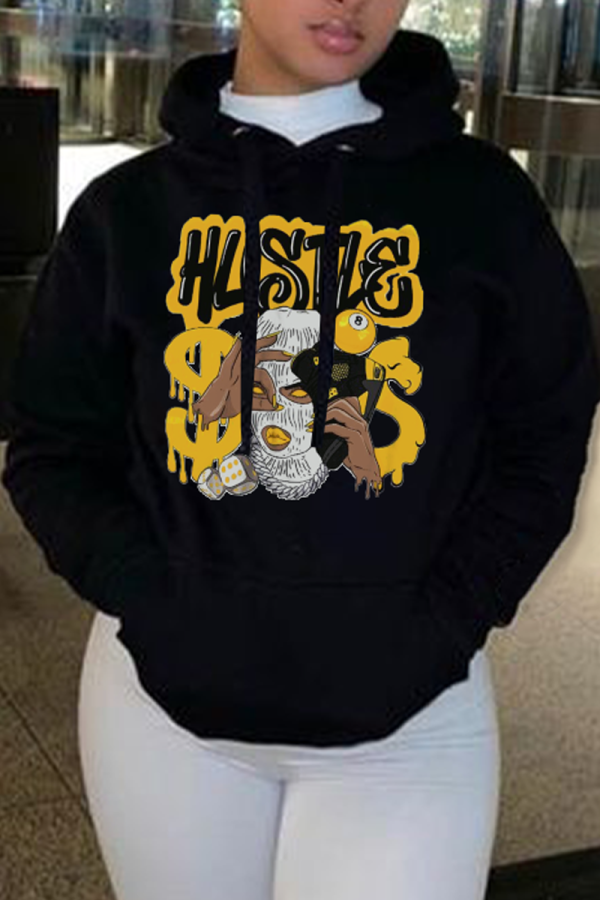 Black Street Daily Print Draw String Hooded Collar Tops