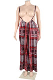 Red Casual Print Spaghetti Strap Plus Size Jumpsuits (Without Vest )