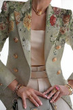 White Green Casual Print Patchwork Cardigan Turn-back Collar Outerwear