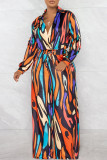 Colour Casual Print Patchwork Draw String V Neck Long Sleeve Two Pieces